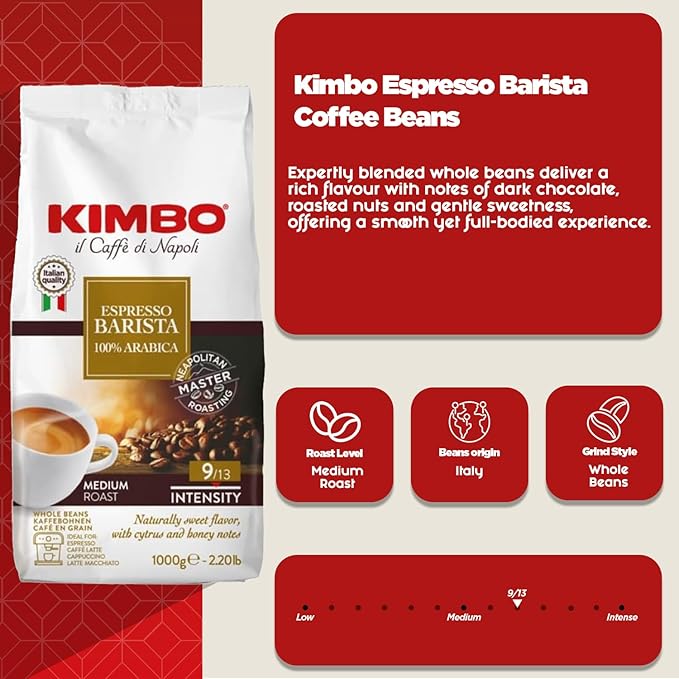 Kimbo Espresso Barista 100% Arabica | Whole Bean Coffee | Medium Roast | 9/13 Intensity | Naturally Sweet Flavor With Cytrus and Honey Notes | 2.2 Lbs Bag