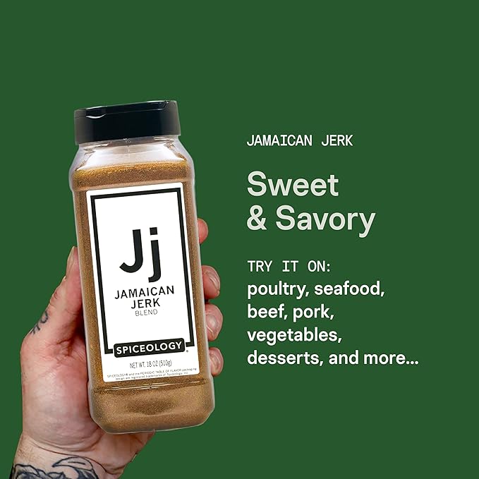 Spiceology - Jamaican Jerk Smoky Caribbean Rub - BBQ Rubs Spice Blends and Seasonings - Use On: Seafood Beef Chicken Pork Chili Squash Nuts Vegetables and Sweet Potato Fries - 18 oz