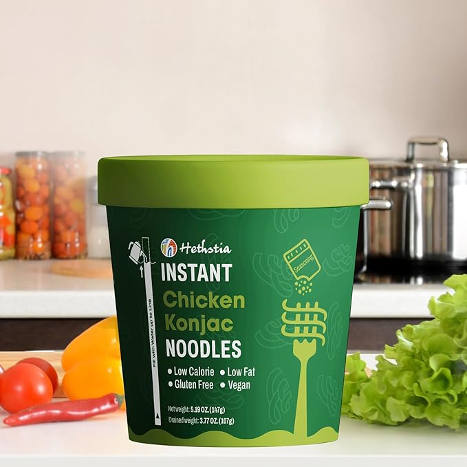 Hethstia Konjac Noodle Chicken Soup 6-Pack Instant Shirataki Noodle Soup Cups - Low-Calorie Sugar-Free Low-Carb Gluten-Free 34.32 oz Vegan Konjac Pho Pasta Chicken Broth Healthy Asian Noodles