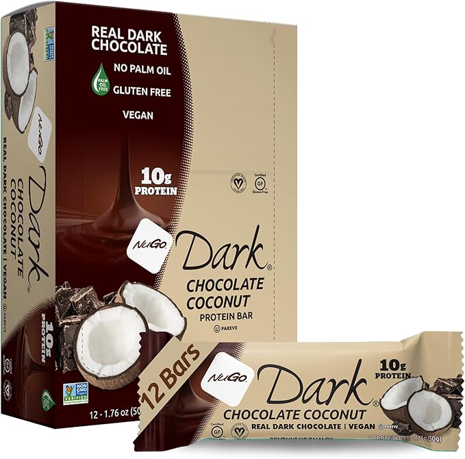 NuGo Dark Chocolate Coconut 10g Protein Bar Vegan Gluten Free Non-GMO Kosher Pareve 12 Count