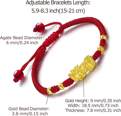 24K Solid Gold Bracelet for Women Real Pure Gold Jewelry Dainty Fortune Pixiu Ball Dragon Turtle Adjustable Red Black Braided Bracelet for Men Girlfriend