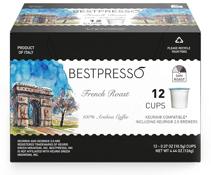Bestpresso Coffee French Roast Single Serve K-Cup Pods Dark Roast 96 Count (Compatible With 2.0 Keurig Brewers) 8 Packs Of 12 Cups