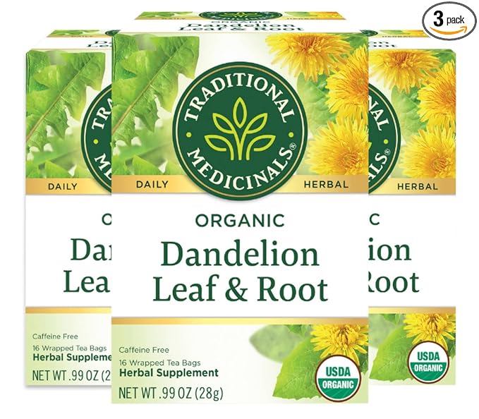 Traditional Medicinals Organic Dandelion Leaf &amp Root Herbal Tea Supports Kidney Function &amp Healthy Digestion (Pack of 3) - 48 Tea Bags Total