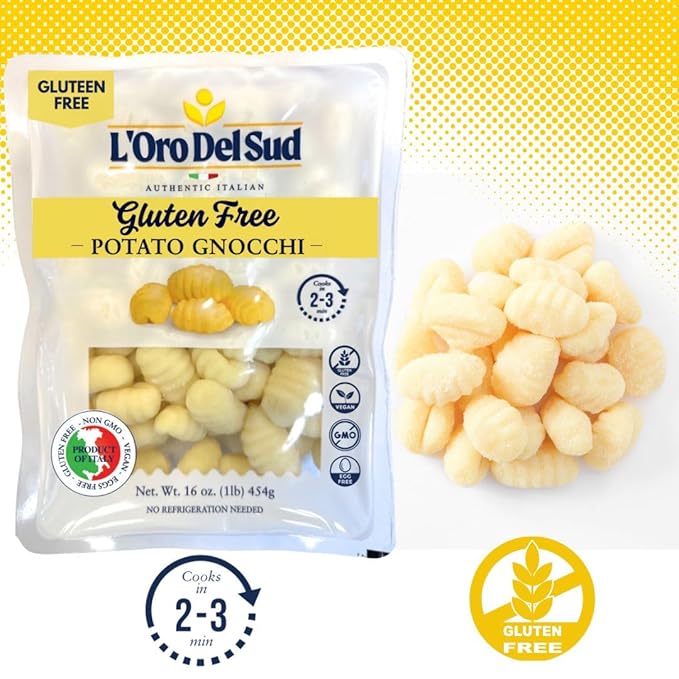 L'Oro Del Sud Pack of 3 Gluten Free Potato Gnocchi Cooks in 2-3 Minutes Shelf Stable Product of Italy NON GMO Wheat Free Eggs Free Vegan