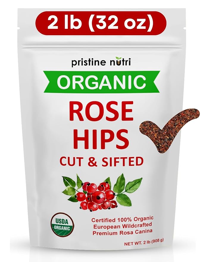 2 lb (32 oz) 100% USDA Organic Rose Hips Dried Bulk Rosehips Cut &amp Sifted Shells 95% Seedless European All Natural Makes 140 Cups of Vitamin C Rich Tea (Packaging May Vary)
