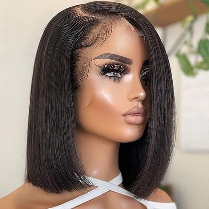 Bob Wig Human Hair 13x4 Short Straight Bob Lace Frontal Wigs for Black Women Human Hair Pre Plucked Glueless 180% Density Black Color 10 Inch