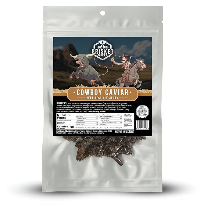 Boston Brisket Works Cowboy Caviar – Real Bull Testicle Jerky – Exotic Rocky Mountain Oysters – Ultimate Prank Gift for Men Gag Stocking Stuffer &amp Viral Food Challenge – Handcrafted in USA