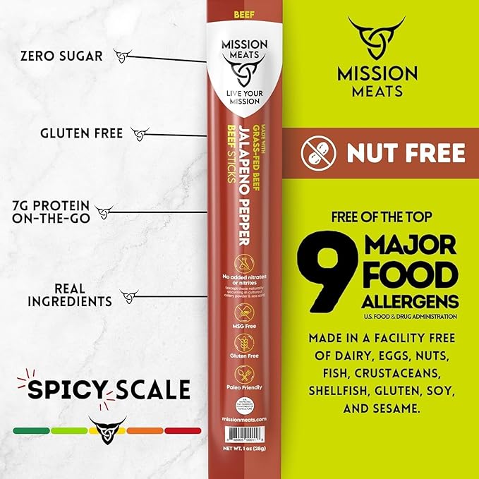 Mission Meats Beef Sticks – 100% Grass Fed &amp Pasture Raised Sugar Free Individually Wrapped Healthy Snacks Whole 30 &amp Paleo Friendly Jalapeno 1oz (24ct)
