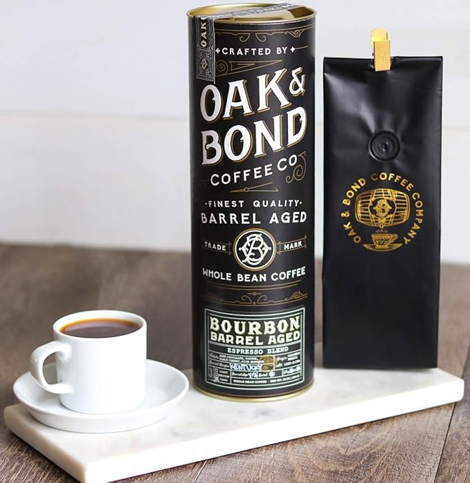 Espresso Bourbon Barrel Aged Coffee Colombia &amp Brazil Blend Whole Bean Arabica Dark Roast w/ Chocolate Black Cherry Toffee Rich Kentucky Bourbon &amp Oak Flavors by Oak &amp Bond Coffee Co