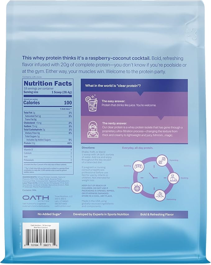 Oath Nutrition Clear Whey Isolate Protein Powder Blue Razz Coconut 20g Complete Protein per Serving No Added Sugar Grass-Fed 18 Servings