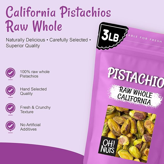 Oh! Nuts Pistachios No Shell - Raw - 100% Natural - 3 lb - Raw Whole California Pistachios - Packed in New York Zip-Seal Bag for Exceptional Freshness