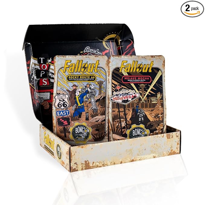 Bones Coffee Company Fallout Sin City Coffee Collector's Box 2 Flavored Coffee Low Acid Medium Roast Arabica Beans Specialty Gifts Auto Drip and French Press Compatible 12 oz Pack of 2 Whole Bean