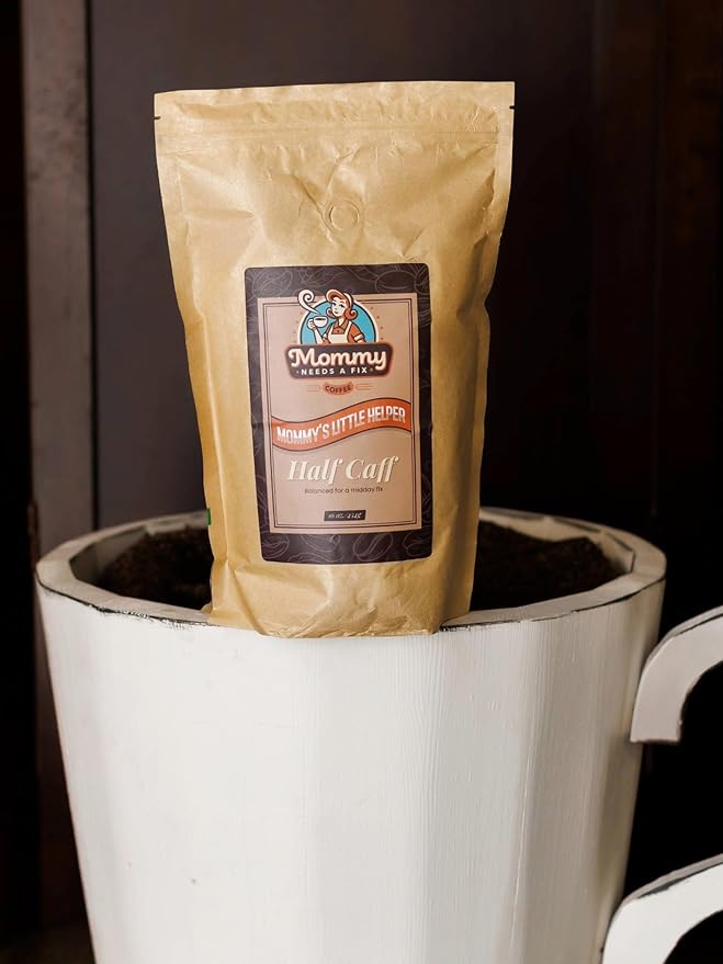 Mommy Needs A Fix Half Caff Ground Coffee | 100% All Natural Arabica Beans | Medium Roast | Chemical Free Swiss Water Process | Pregnancy &amp Breastfeeding Friendly | Roasted in the USA | 1 lb