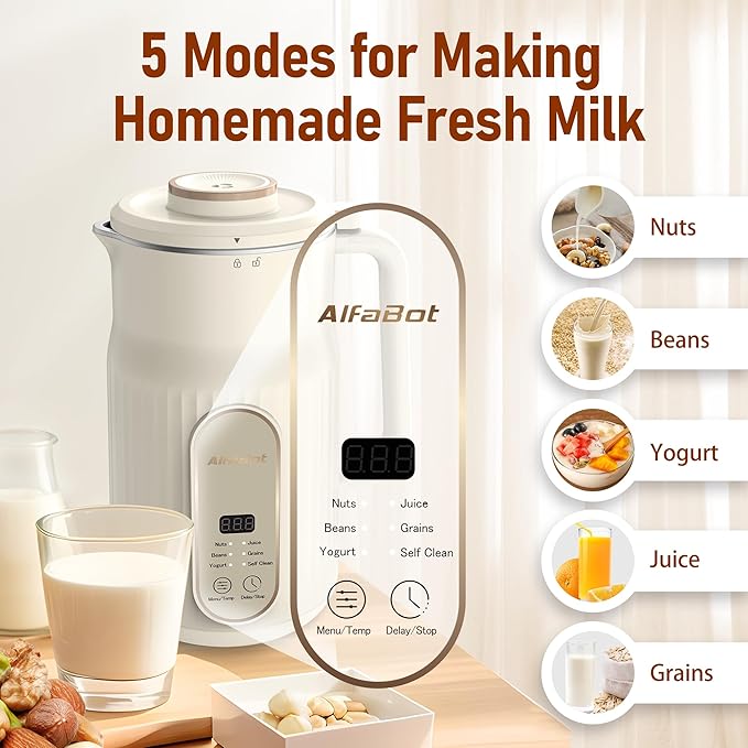 Nut Milk Maker AlfaBot N2 Automatic Almond Milk Machine for Homemade Plant-Based Milk Oat Soy Yogurt 5 Modes/35OZ Big Capacity Soy Milk Maker with Delay Setting and Self Cleaning (Cream)