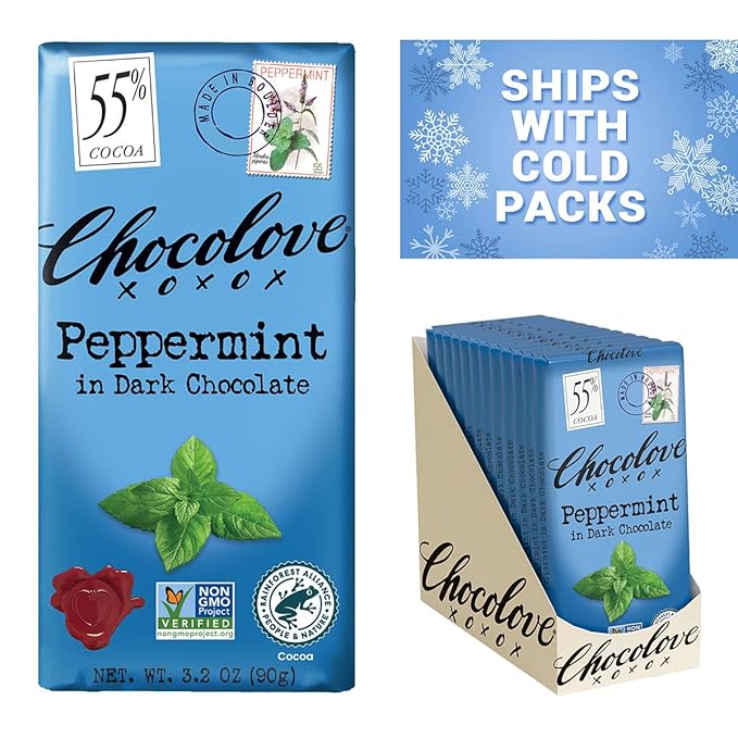 Chocolove Peppermint Dark Chocolate Bars | 55% Cocoa | Crafted in Semi-sweet Premium Chocolate | Non GMO Rainforest Alliance Certified 3.2oz Bar (12 Pack)