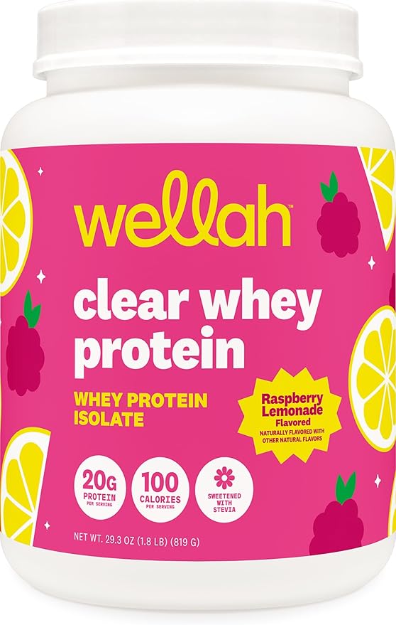 Wellah Clear Whey Protein Isolate Powder (Raspberry Lemonade) 30 Servings - 20g of Protein 100 Calories Sweetened with Stevia