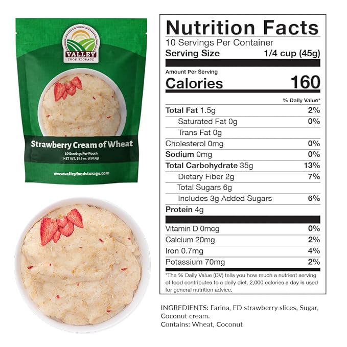 Valley Food Storage Freeze Dried Strawberry Creamy Wheat | 10-Bag Bucket 100 Servings | Premium Emergency Food Supply 25 Year Shelf Life | Survival Breakfast Food for Prepper Storage &amp Camping