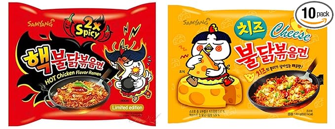 Samyang Spicy Chicken Ramen Combo / 2x Spicy &amp Cheese Spicy Combo Pack of 10 (2x Spicy &amp Cheese) With 5 Fish Logo Chopsticks