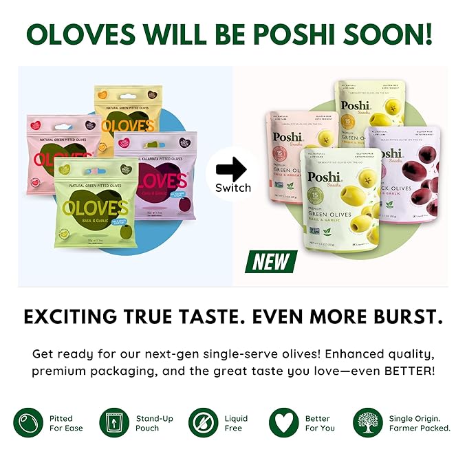 Poshi Natural Whole Pitted Olives | 24 Pack Variety | Basil &amp Garlic Chili &amp Oregano Chili + Garlic Lemon &amp Rosemary | Vegan Kosher Gluten Free + Keto Friendly Healthy Snacks 1.1 Oz