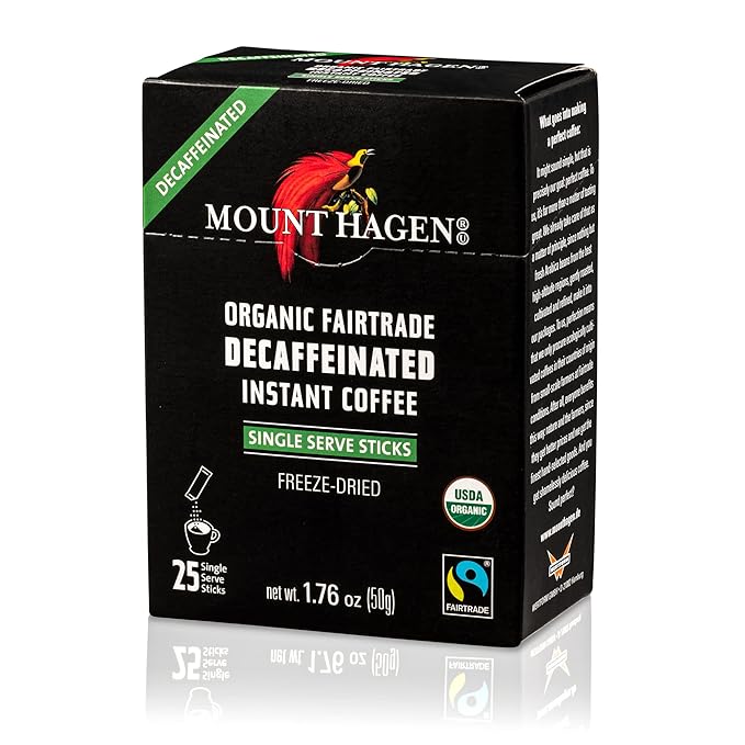 Mount Hagen 25 Count Single Serve Instant Decaf Coffee Packets - 4 Pack | Decaffeinated Organic Medium Roast Arabica Beans | Eco-friendly Fair-Trade [4 x 25 sticks/1.76oz/50g]