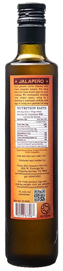 Texas Hill Country Olive Co Jalapeno Infused Olive Oil - Cold Pressed Gourmet EVOO Olive Oil - Great for Dressing Dipping Marinade - No Artificial Flavors or Added Sugar - Made in Texas (16.9 oz)