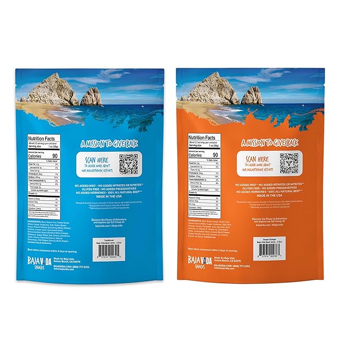 BAJA BEEF Jerky Snack Packs - Beef Jerky Variety Pack Beef Jerky Gifts for Men Beef Jerky Sampler High Protein Craft Jerky Assortment Gluten Free - Traditional &amp Sweet Orange 2.5 Oz Bags (4 P