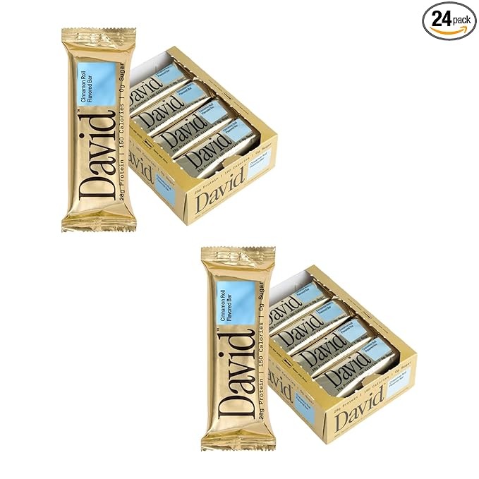David Protein Bar Cinnamon Roll 24 Protein Bars | 28g of Protein | 150 Calories | 0g of Sugar - High Protein Low Carb Gluten Free Protein Bar Pack of 24