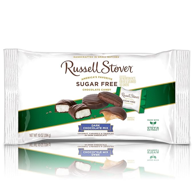 Russell Stover Sugar-Free Dark Chocolate Mix 10 Ounce Candy Individually Wrapped Bars Sweetened with Stevia