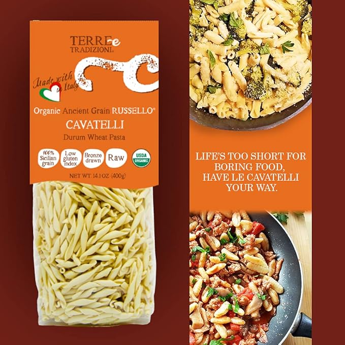 3 PACKS ORGANIC ITALIAN DURUM WHEAT CAVATELLI PASTA – Sicilian Ancient Grain Russello Vegan Crafted in Italy. LOW-GLUTEN INDEX. Has 6X More Fiber and Protein than Popular Grains