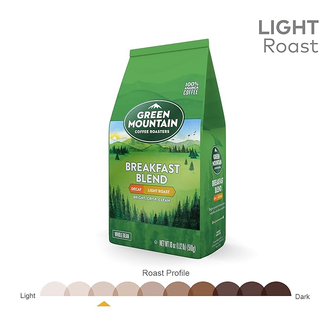 Green Mountain Coffee Roasters Breakfast Blend Decaf Whole Bean Coffee Light Roast Bagged 18 oz (Pack of 3)