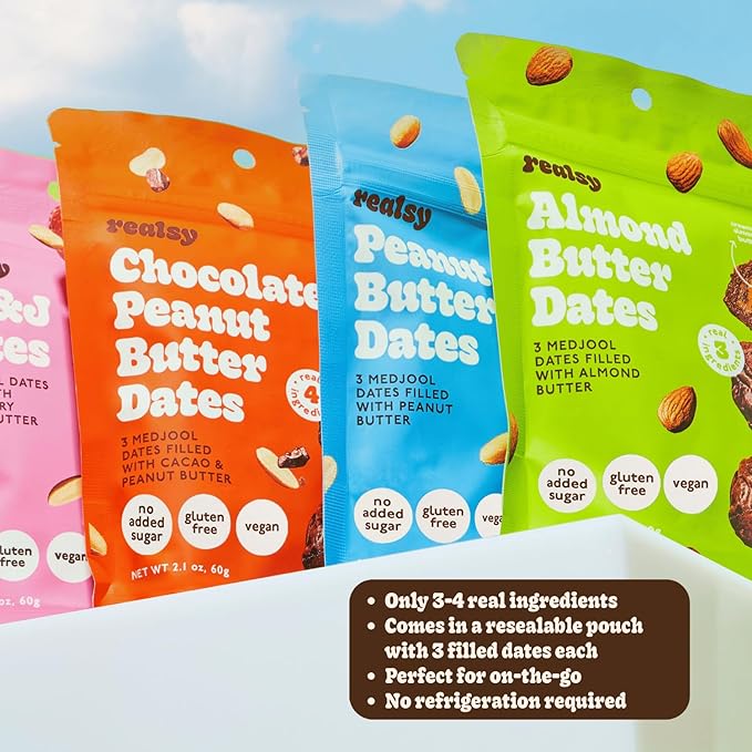 Realsy Pitted &amp Stuffed Medjool Dates Organic Dates with No Sugar Added Gluten-Free Vegan Good Source of Fiber Low Glycemic Index All Natural Healthy Snack (Variety 12 Pack)