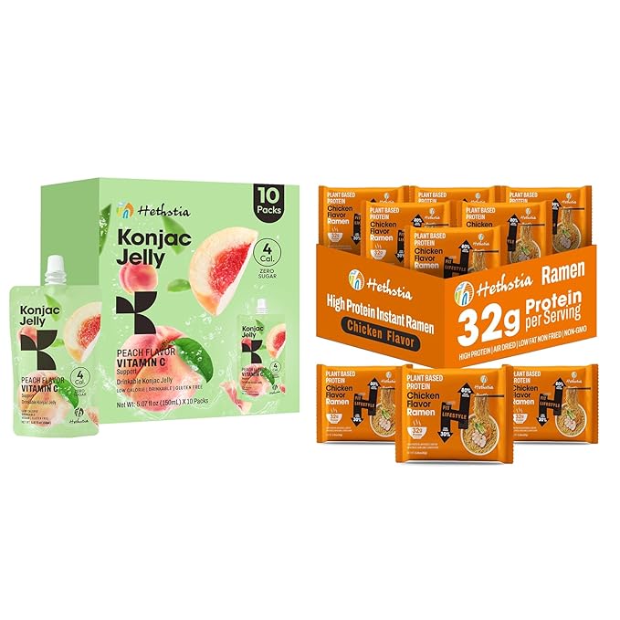 Hethstia High Protein Chicken Ramen 6-Pack and Konjac Jelly – Peach Flavor Drinkable Snack 10-Pack Squeeze Pouches