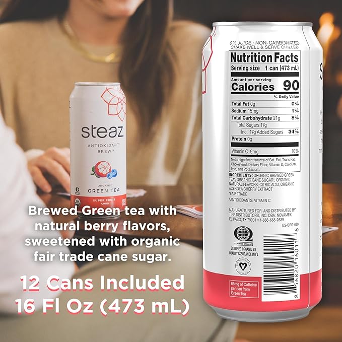 Steaz - Organic Green Tea - Superfruit (12 Pack) - Antioxidant Brew - 65mg Natural Caffeine 90 Calories Vitamin C - Cane Sugar Sweetened Iced Tea - Vegan Fair Trade - 12 Cans 16 fl oz (473mL)