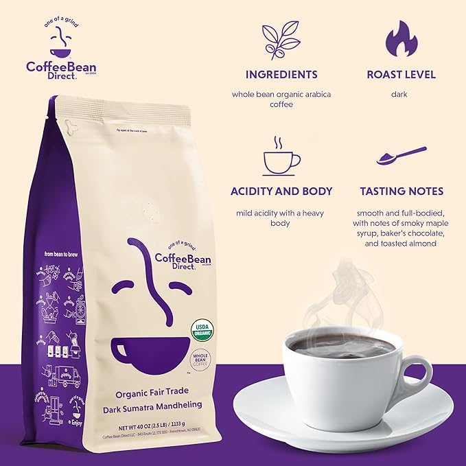 Coffee Bean Direct Organic Fair Trade Dark Sumatra Mandheling Whole Bean Coffee Arabica Coffee Dark Roast 2.5 Pound Bag (Pack of 1)
