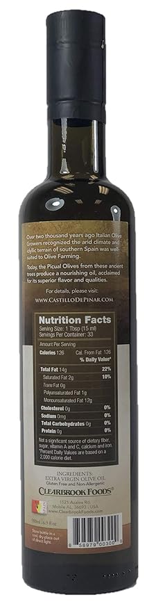 Castillo de Pinar First Cold Pressed Extra Virgin Olive Oil Picual Single-Variety 500ml Less Than 02% Acidity Gluten Free Non GMO