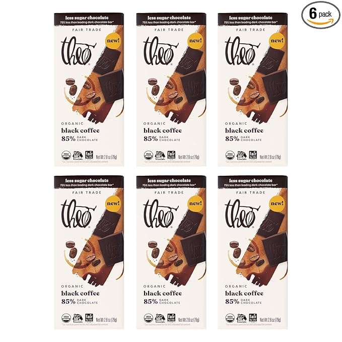 Theo Chocolate Black Coffee Organic Dark Chocolate Bar 85% Cacao 6 Pack | Vegan Fair Trade