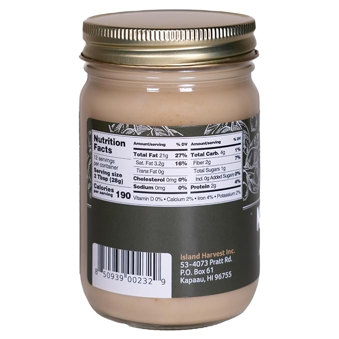 Island Harvest Macadamia Nut Butter - Made with 100% Hawaiian Organic Macadamia Nuts All-Natural Nut Butter Non-GMO High In Fiber 12 Ounce (Pack of 1)