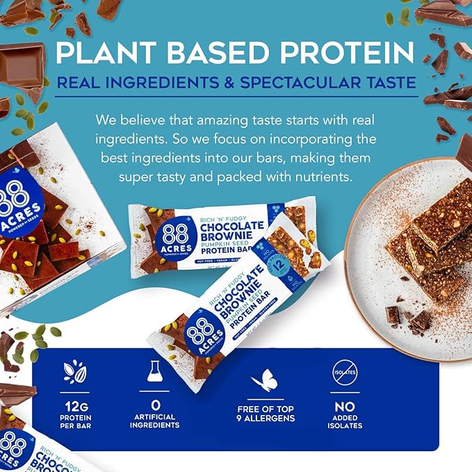 88 Acres Pumpkin Seed Protein Bars Fudge Brownie 9 Count 12g Plant-Based Protein Gluten Free Nut Free School Safe Snack Bar Vegan Non-GMO Individually Wrapped