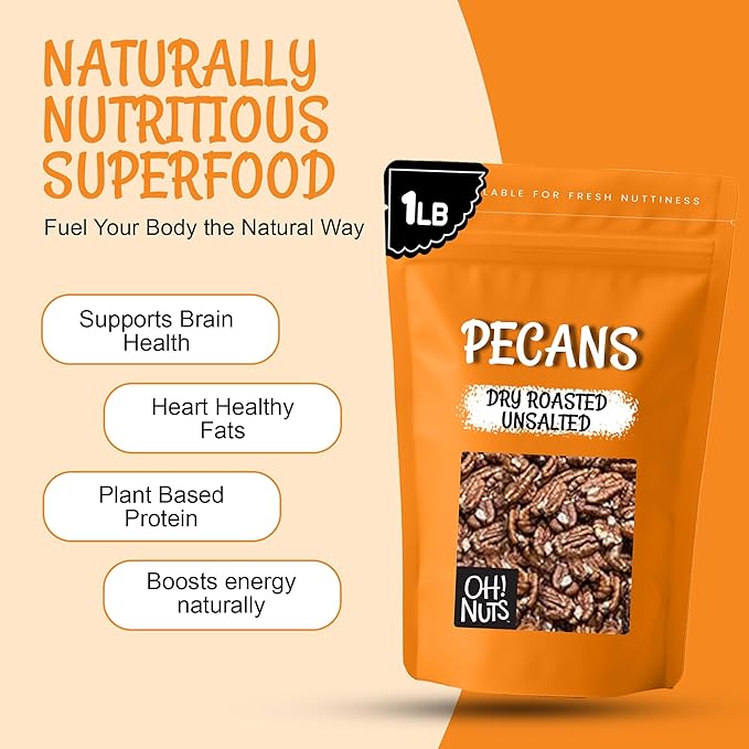 Oh! Nuts Pecans Dry Roasted Unsalted - Kosher Oil-Free All Natural Pecans - For Baking Snacks Salad Dressing - Packed in 1 LB Resealable Bulk Bag