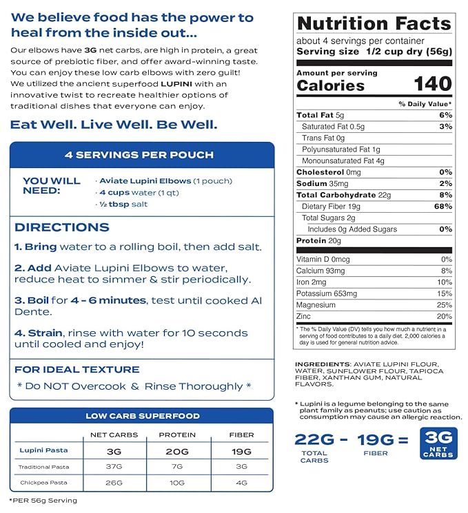 Aviate Keto Pasta Elbows - Low Carb (3g Net) Lupini Noodles High Protein (20g) Gluten-Free Made with Lupin Flour Plant Based Vegan Keto-Friendly Low Carb - Macaroni Elbows (8oz) (Pack of 3)