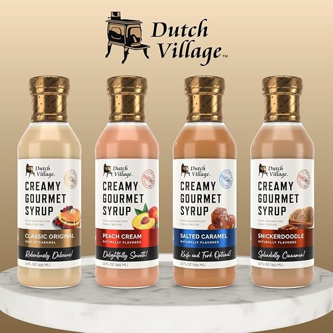 Creamy Gourmet Breakfast &amp Dessert Syrup | Organic Ingredients - Clean Label | Gluten-Free | Dutch Village Classic Original &amp Salted Caramel &amp Peach Cream &amp Snickerdoodle 12 fl oz - 4