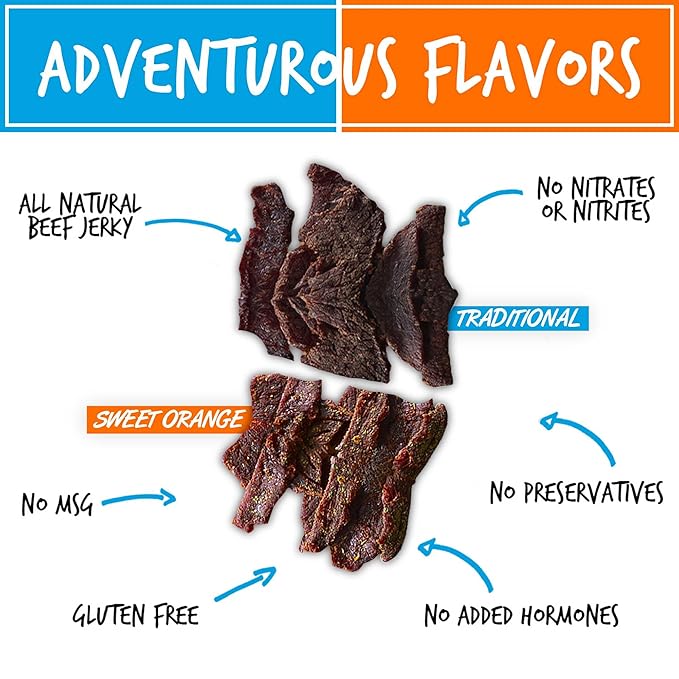 BAJA BEEF Jerky Snack Packs - Beef Jerky Variety Pack Beef Jerky Gifts for Men Beef Jerky Sampler High Protein Craft Jerky Assortment Gluten Free - Traditional &amp Sweet Orange 2.5 Oz Bags (4 P