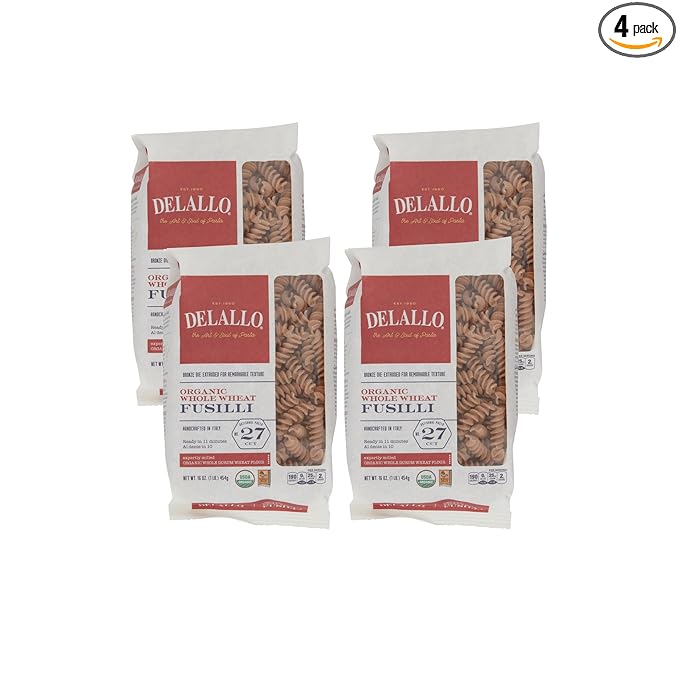 DeLallo Whole Wheat Fusilli Pasta 1 Pound Bag 4 Pack 100% Organic Whole Grain Spiral Noodles Imported from Italy Made with Durum Wheat