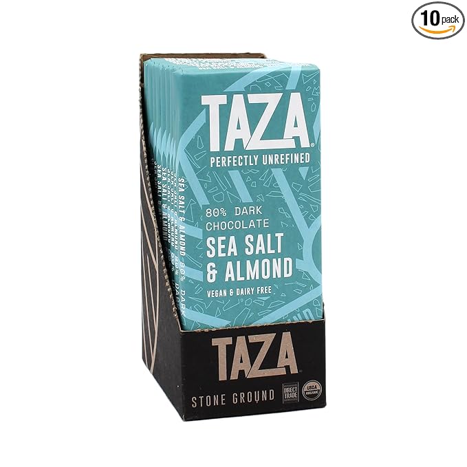 Taza Chocolate Organic Amaze Bar 80% Stone Ground Sea Salt Almond 2.5 Ounce (10 Count) Vegan