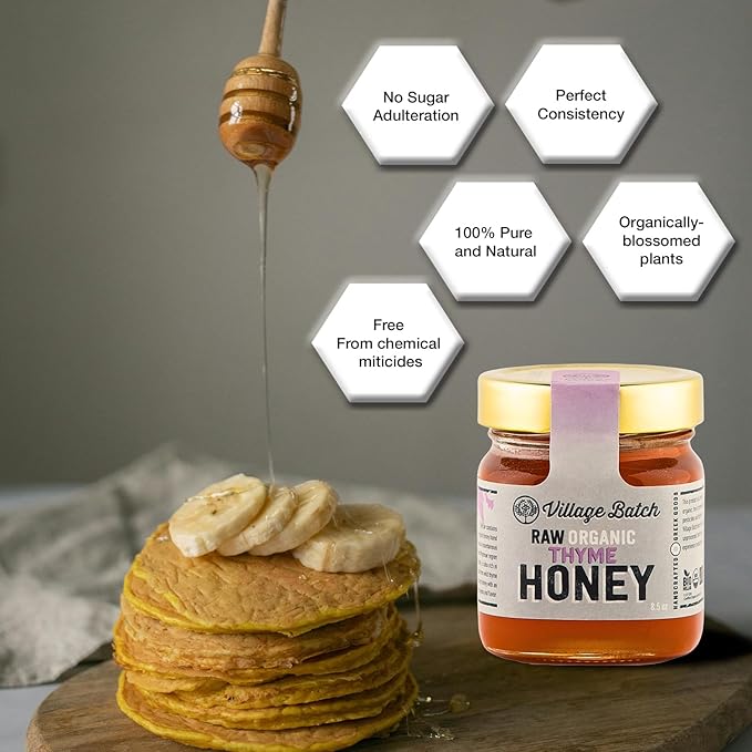 Village Batch Raw Organic Thyme Honey 8.5oz (Pack of 1) Jar from Mycenae Unheated and Unpasteurized Greek-Honey Light Amber Rich Flavor and Intense Floral Aroma