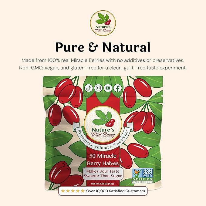 Nature's Wild Berry Miracle Berries – 50 Flavor-Changing Berry Halves | Resealable Refill Pack | Freeze-Dried in USA | Turn Sour to Sweet | As Seen on Shark Tank | Magic Fruit for Taste Transformation