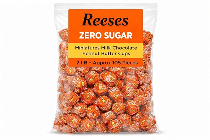 Zero Sugar Miniatures Chocolate Peanut Butter Cups - 2 lb Approx 105 Pieces Individually Wrapped Milk Chocolate Peanut Butter Candy - Sugar Free Chocolate Treats Holiday Favors &amp Party Desserts