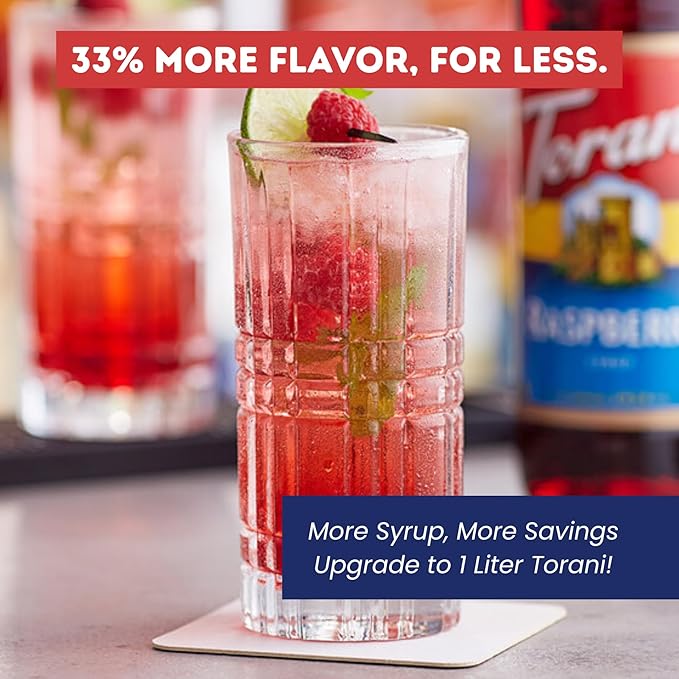 Torani Raspberry Syrup 1 Liter Bottle with Pump – Premium Sweet &amp Tart Berry Flavoring with Pure Cane Sugar for Coffee Lemonade Iced Tea Italian Sodas Cocktails &amp Desserts