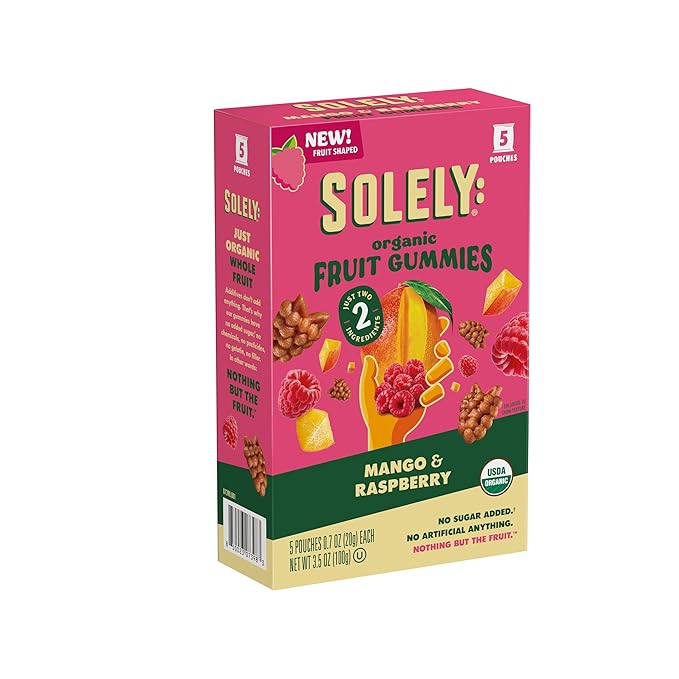 SOLELY - Organic Mango &amp Raspberry Whole Fruit Gummies (Pack of 8 Boxes 5 Bags per Box) - Real Fresh Fruit - Healthy Snacks for Adults &amp Kids - Non GMO Vegan Snacks Shelf Stable - 40 Bags (