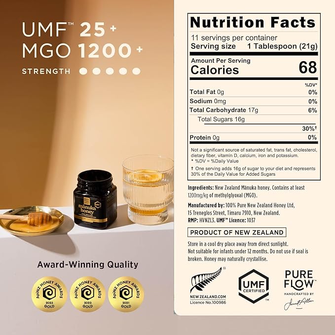 Manuka Honey UMF 25+ (MGO 1200+) 100% Pure New Zealand Certified Ultra Premium Raw 8.8 Oz (250g)